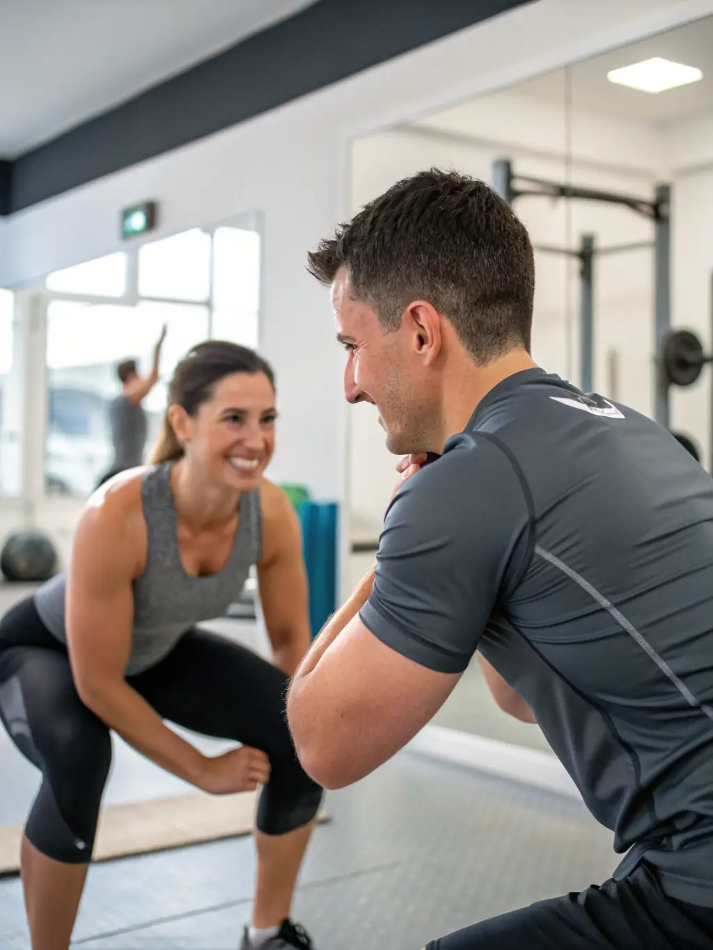 A focused shot of a natural bodybuilding coach guiding an athlete through proper form during a weightlifting session, emphasizing technique and safety.
