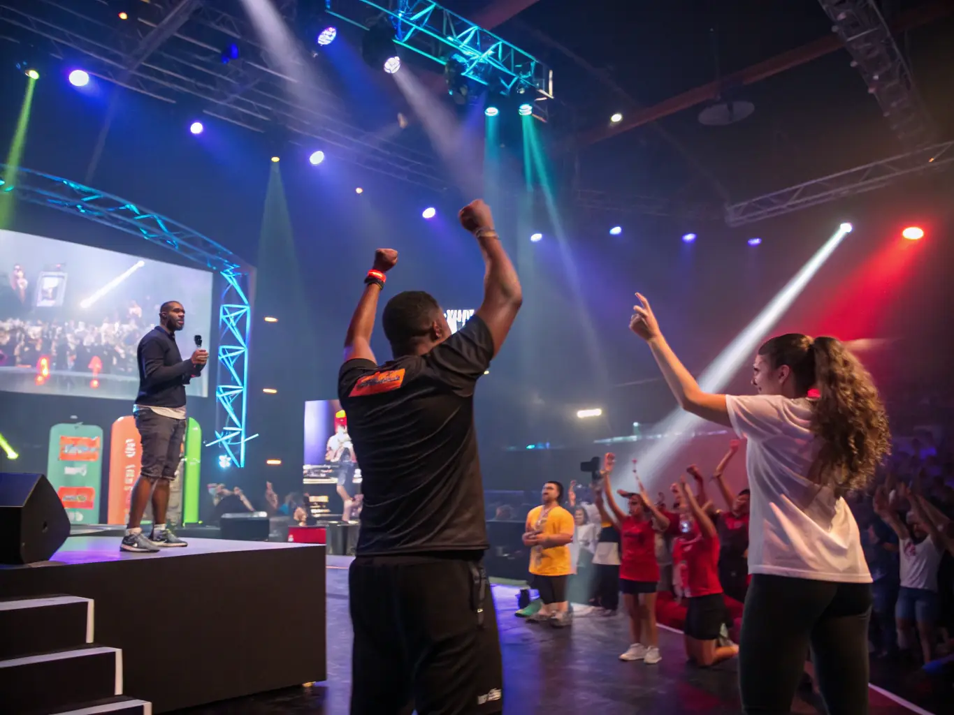A dynamic scene from a multicultural bodybuilding competition organized by ABGF, showcasing athletes from various backgrounds competing on stage, promoting diversity and sportsmanship.
